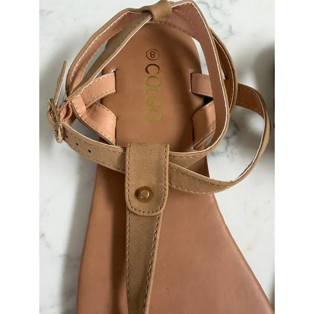 COLGO Women’s T-Strap Flat Sandals Tan Size 8 New With Tags